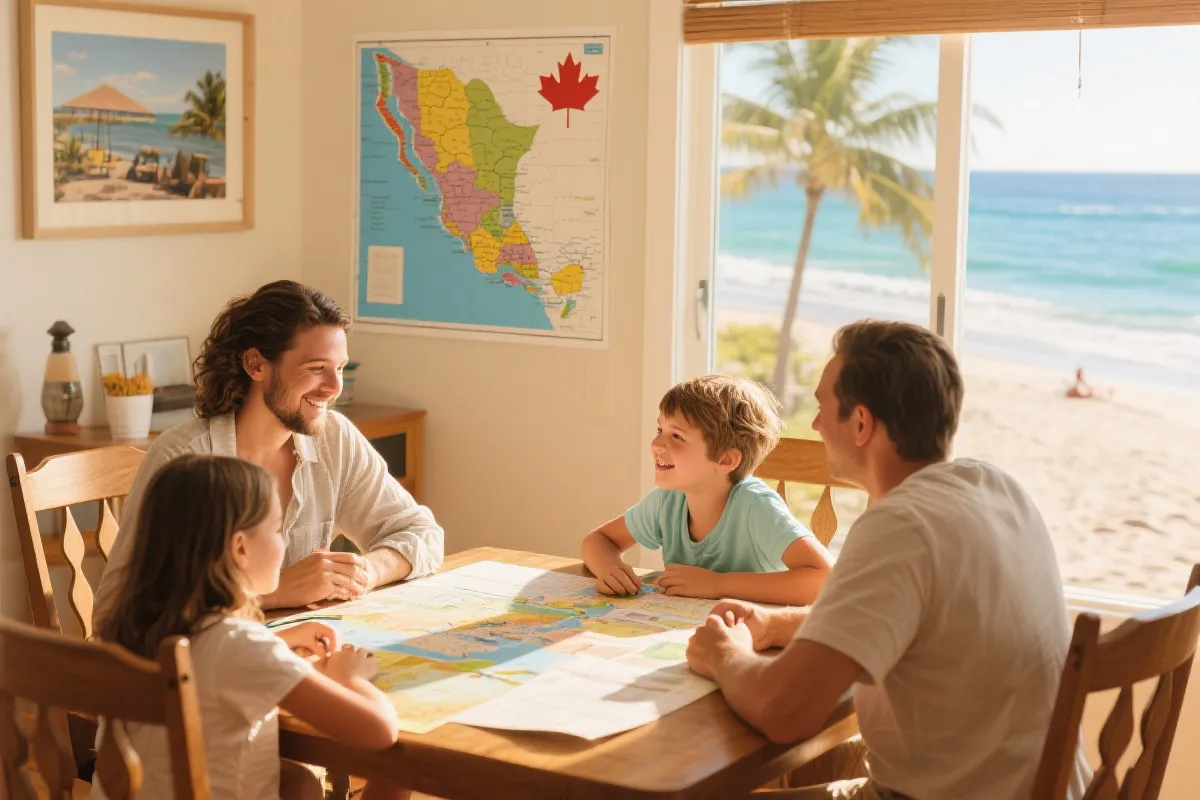 一家人围坐餐桌规划墨西哥度假，阳光下的温暖与期待